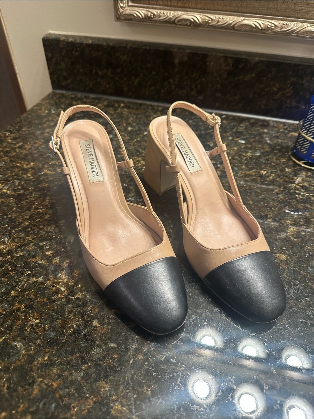 Steve Madden Nude and Black Slingback Block Heel Pumps